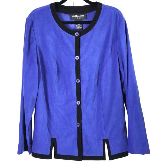 Vintage Royal Blue Suede Like Blazer Jacket Tailored Plus Size 16W Black Trim - Picture 1 of 6